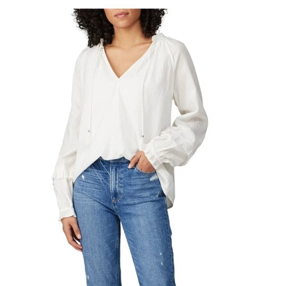 Paige Size XS White Tailynn V Neck Peasant Blouse Boho Cotton Tassle - Picture 1 of 9